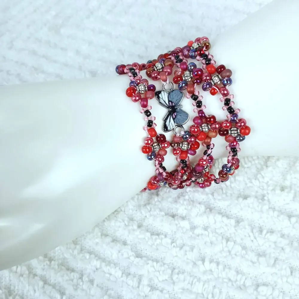 HANDMADE ~ Red Daisies & Butterfly 4 Wrap Bracelet